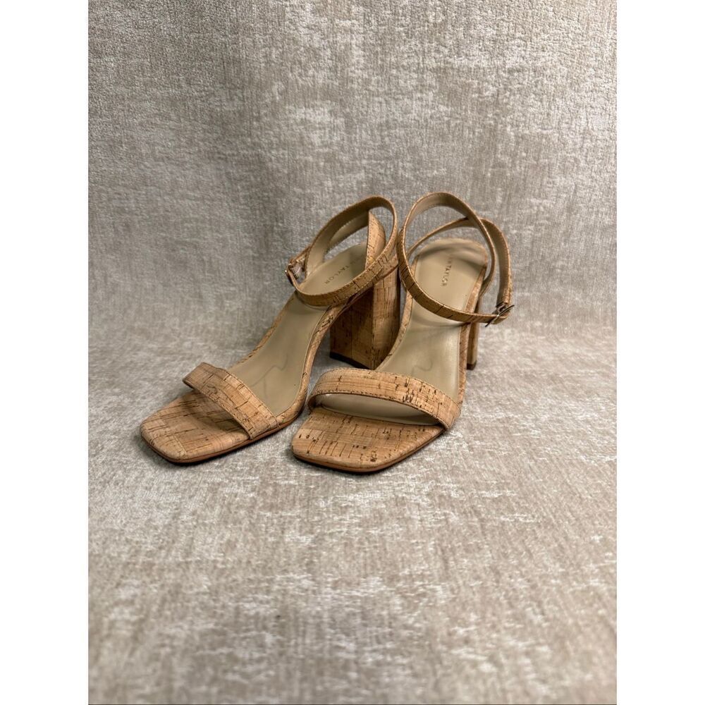 Ann Taylor Women's Cork Print High Block Heels Strappy Sandals Natural Size 5